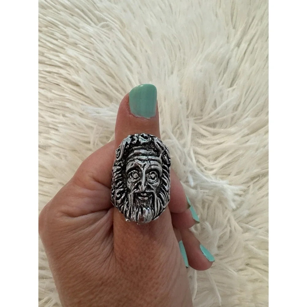 Mythological Face Heavy Statement Ring Silver Tone Biker Gothic Size 11.5-12